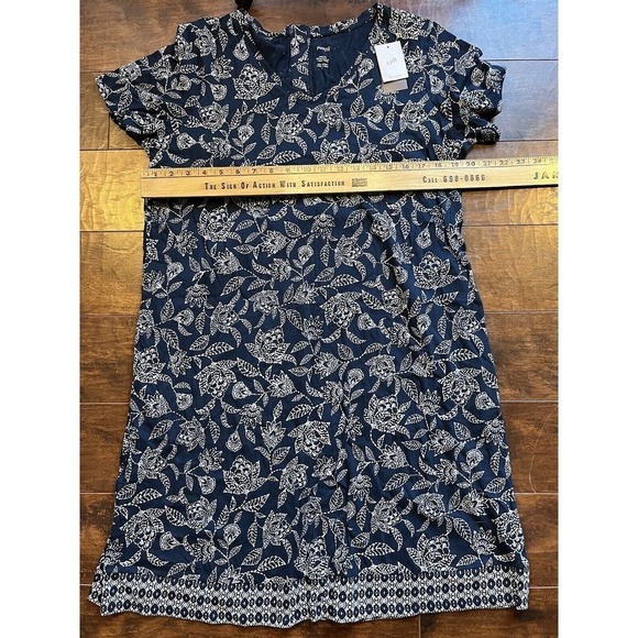 Pure Jill Dress M Navy Floral Print Buttoned Back T Shirt Short Sleeve V Neck - Picture 7 of 8